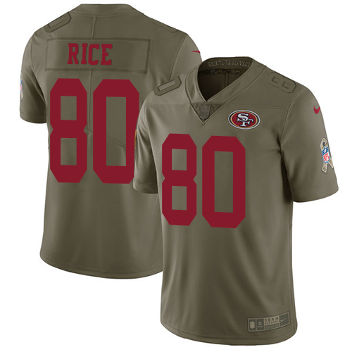 Nike 49ers #80 Jerry Rice Olive Men's Stitched NFL Limited Salute to Service Jersey - Click Image to Close
